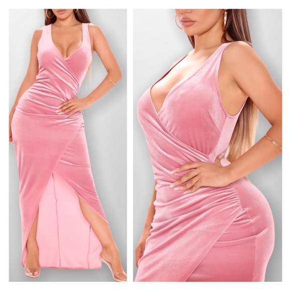 Fashion Nova Pink Velvet Wrap Maxi Dress Size XS - Picture 1 of 6